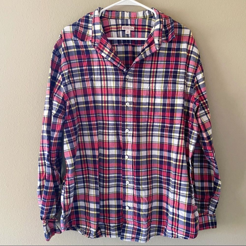 Merona White Red Navy Blue Yellow Plaid Long Sleeve Button Down Shirt Top